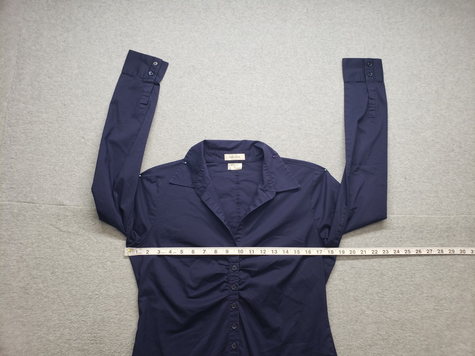 Van Hausen Women Top M Navy Blue Button Front Collared Ruched Long Sleeve Career image 6
