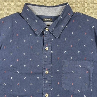 Lee Men's Shirt L Short Sleeve Blue Anchor Nautical Regular Fit Stretch Pocket