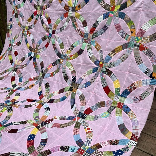 Vintage Doppel Ehering Quilt Top Rosa Blumen Handgenäht 91X74 Selbstgemacht - Bild 3 von 18