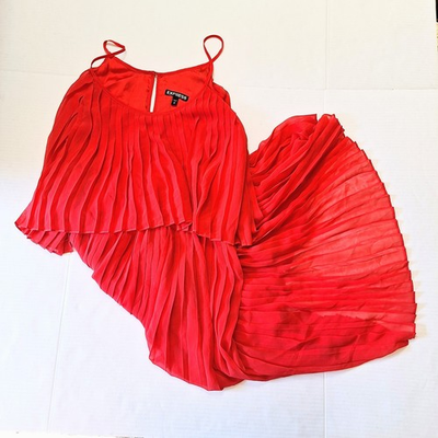 #ad Express Sheer Layered Ruffle Spaghetti Strap Midi Dress Size M Red Formalwear $21.95