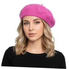  Wool Beret for Women French Style Artist Hat Solid Color One Size Hot Pink