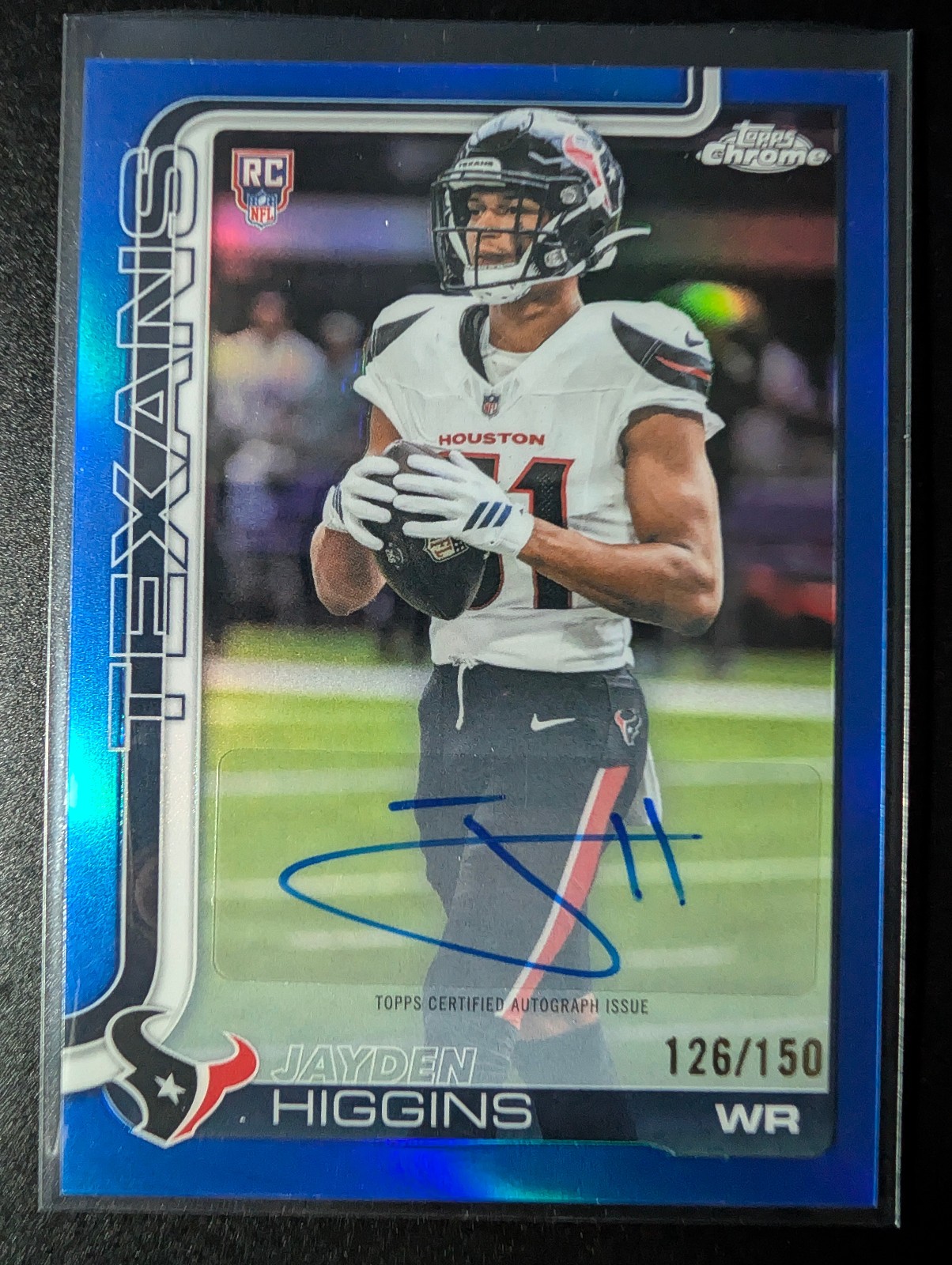 2025 Topps Chrome Jayden Higgins #RA-JHI Blue Refractor Signature /150 Texans