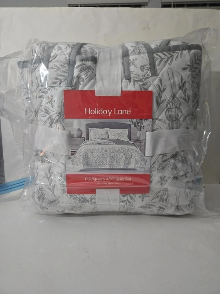 Holiday Lane Christmas Toile 4 Pc. Gray King Reversible Quilt Tote Set - Image 2 of 3