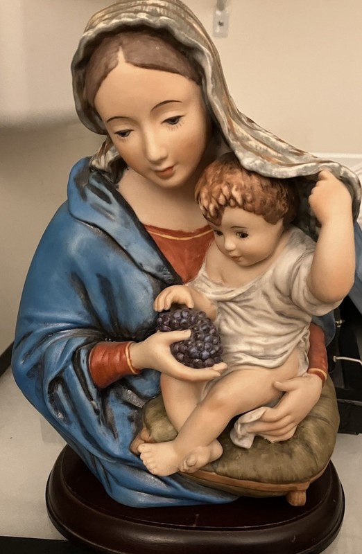 Polychrome Ceramic Sculpture “Madonna with Grapes” After Mignard, Roman,Mexico