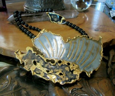 Anita Silverstein Copper Enamel pendant necklace. Black, gold