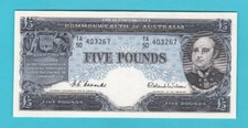 #T66. 1954 TYPE  AUSTRALIAN  COOMBS / WILSON   FIVE POUND  BANKNOTE  TA50 403267