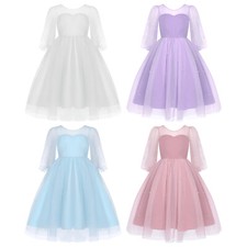 Kid Girls Tulle Princess Dress Back Deep V Design Bowknot Faux Pearls Wedding