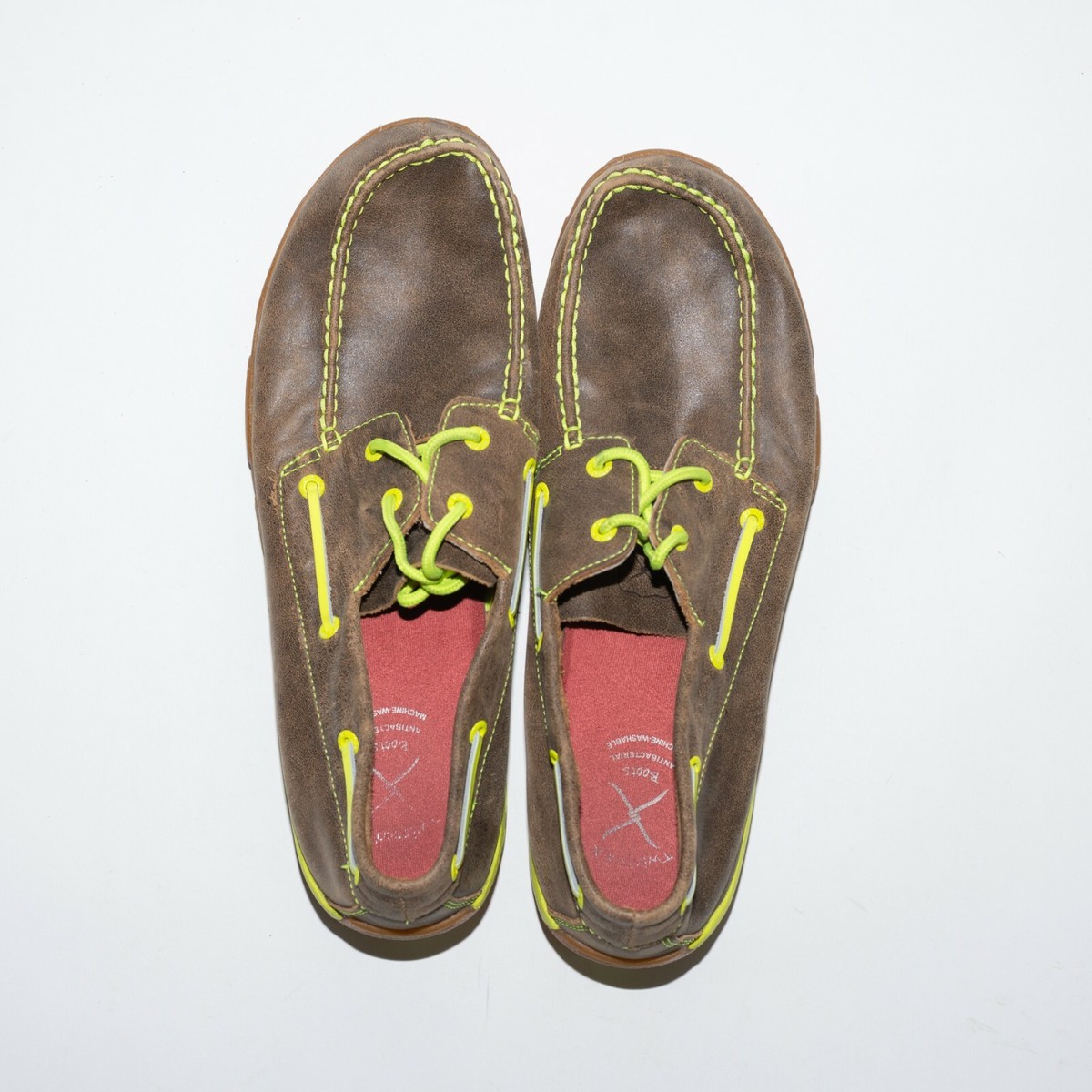 Twisted X Mens Leather Brown Bomber Neon Yellow Driving Moc 