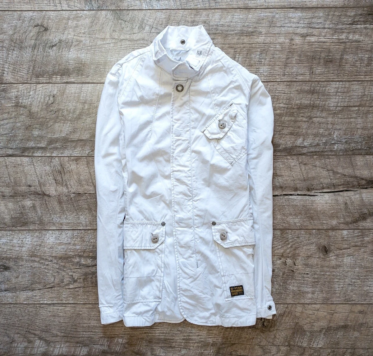 G Star Raw Jacket White Size M Medium Mens Big Logo Pockets Button