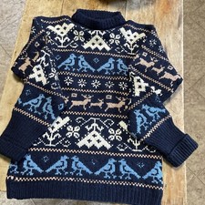 Hand Made Wool Knit Sweater Womens L Knit Deer Blue Birds Crew Pullover Vintage