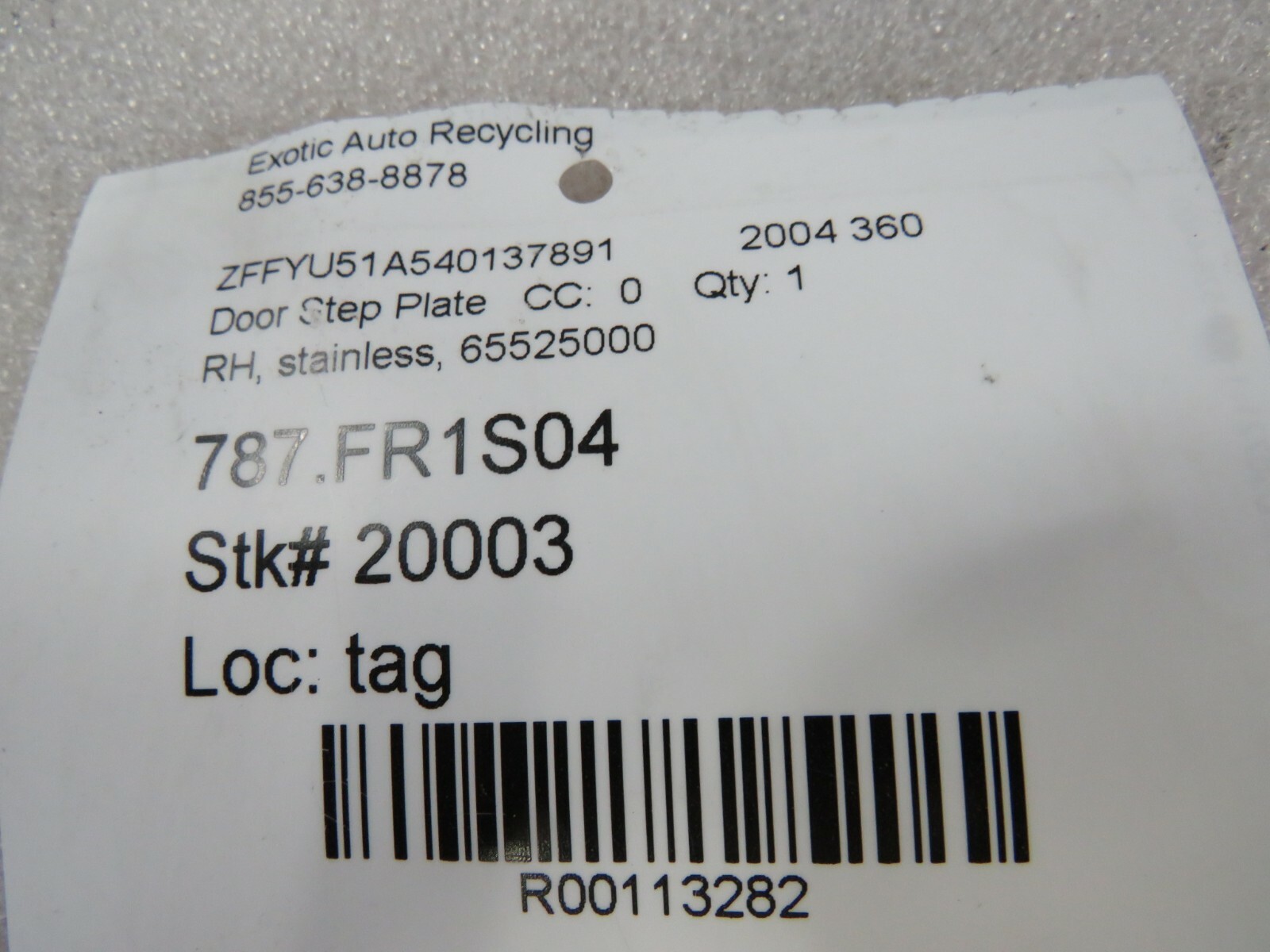 Ferrari 360, RH, Right Stainless Steel Door Sill, Kick Plate, Used, P/N 65525000