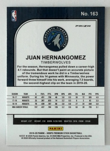 2019-20 NBA Hoops Premium Stock Silver Prizm #163 Juan Hernangomez Timberwolves - Picture 2 of 3