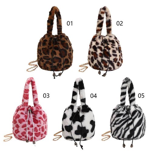 Women Plush Bucket Bag Leopard Print Crossbody Bag Small Purse for Work Shopping - Picture 8 of 20