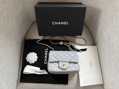 NIB 100%AUTH CHANEL Grey Quilted Lambskin Pearl Crush Square Mini