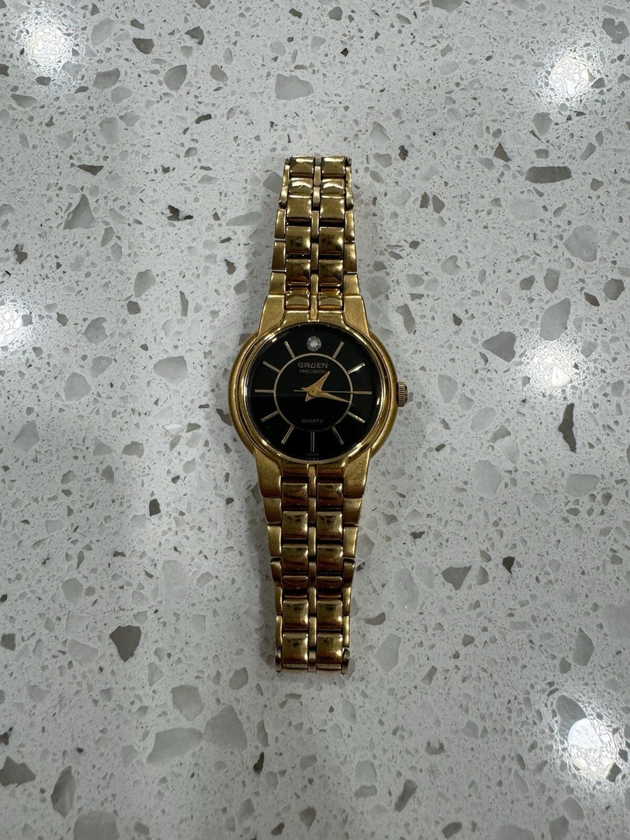 Gruen Watch Man Black Face Gold Tone Quartz Runs Link 