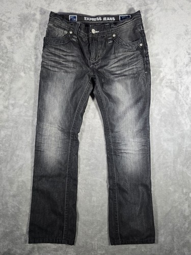 Express Rocco Jeans Mens 31/30 Black Wash Whisker Fade Embossed Slim Straight