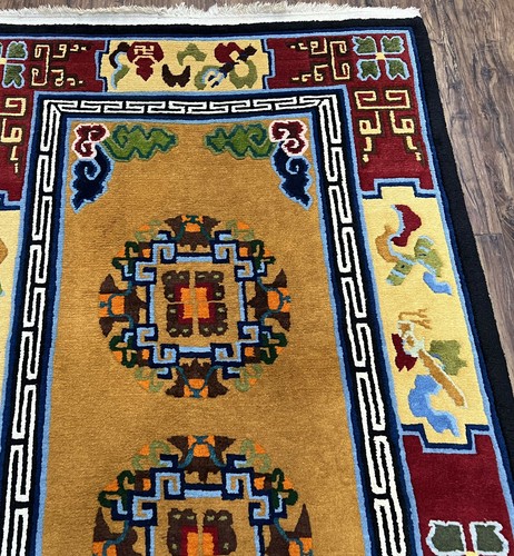 Vintage Chinese Art Deco Rug 3x6 Orange Dark Blue Maroon Peking Carpet Wool Nice - Picture 8 of 12