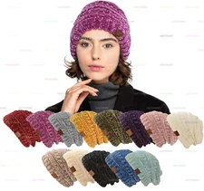 C.C Chenille Solid Ribbed Beanie Soft Stretch Cable Knit Warm Skull Cap