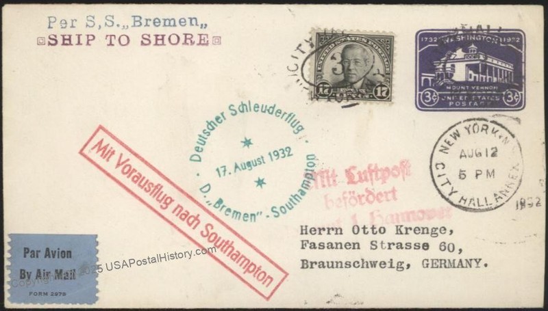 USA 1932 Bremen Schleuderflug Catapult K122 Cover Airmail 17c Wilson Wash 116176
