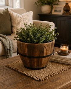Wood Half Barrel Round Planter w/ Metal Bands Brown/Black Indoor/Outdoor