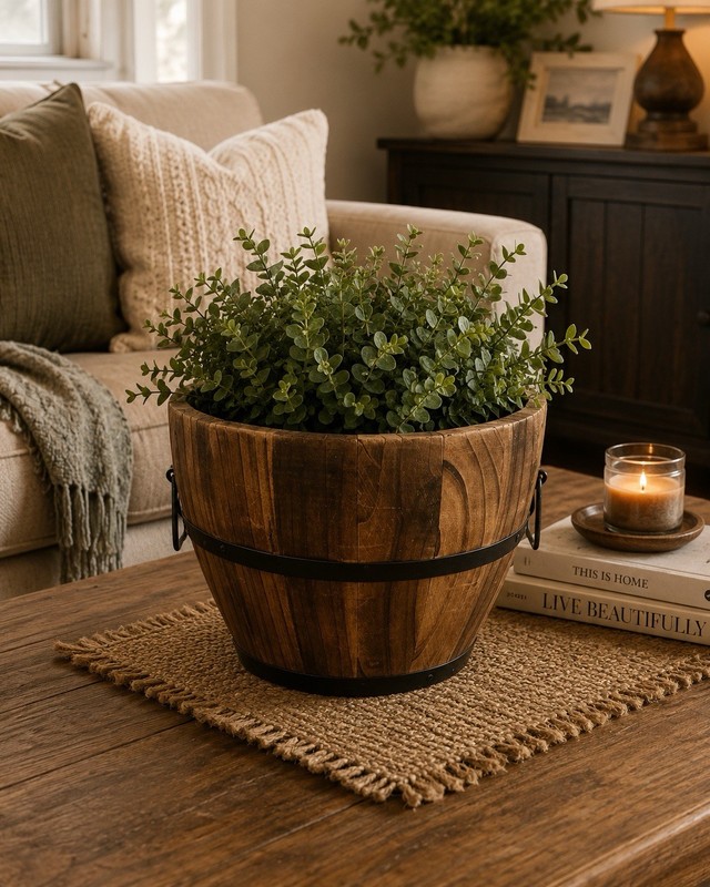 Wood Half Barrel Round Planter w/ Metal Bands Brown/Black Indoor/Outdoor