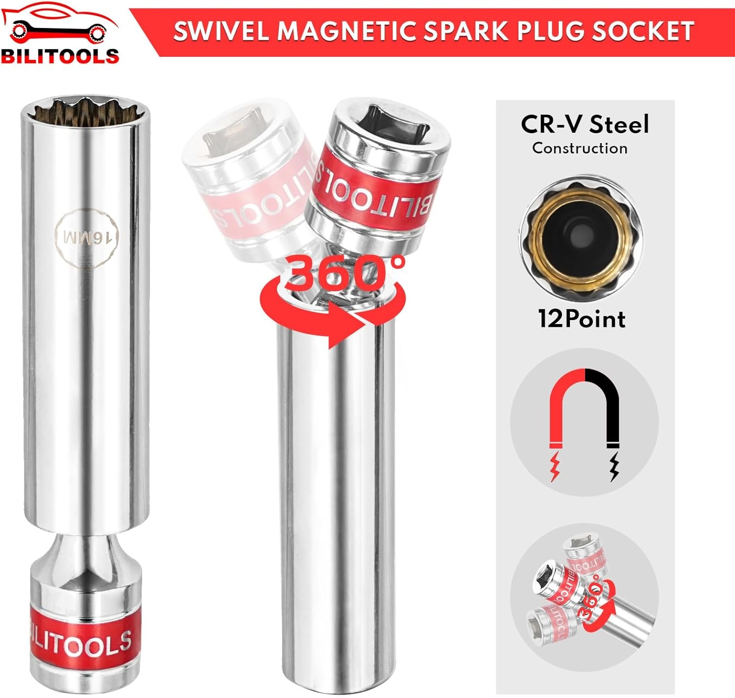 BILITOOLS 9-Piece 9pc（9/16, 5/8, 3/4, 13/16, 14mm, 16mm, 18mm), Chrome 