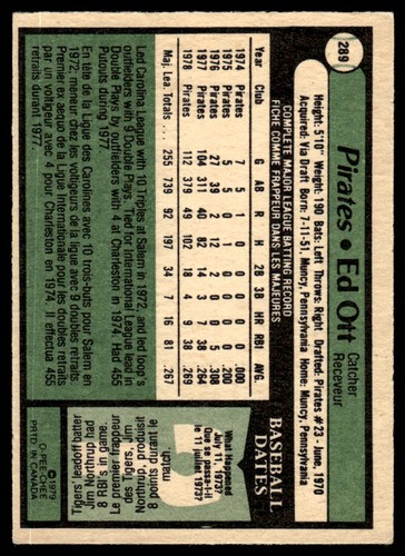 1979 O-Pee-Chee Ed Ott Pittsburgh Pirates #289 - Picture 2 of 2