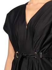 BLACK - HALSTON WOMEN'S STRUCTURED SHORT SLEEVE V-NECK COTTON DRESS