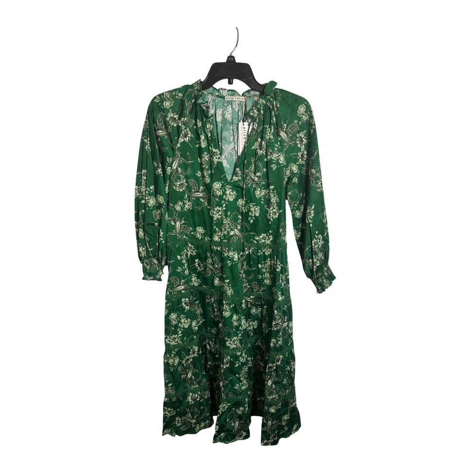 Vestido midi Alice+Olivia verde floral en capas manga larga cuello atado talla S Foto 4 de 4