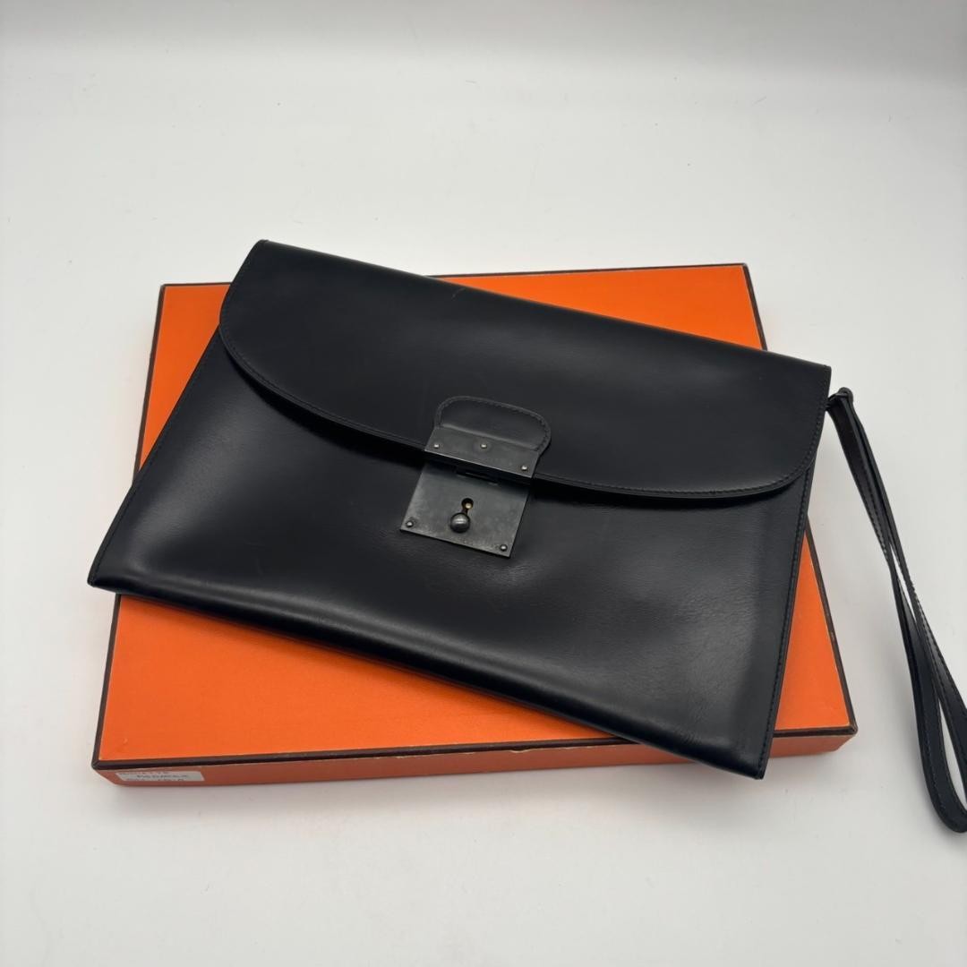 Vintage HERMES Kilius Clutch Bag Black Leather Men's Second Hand Elegant Rare