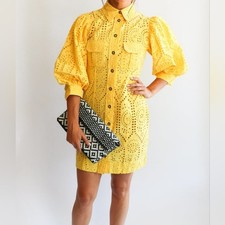 GANNI Eyelet Broderie Anglaise Balloon Sleeve Cotton Yellow Mini Dress size S
