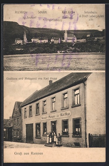 AK Ramsen, Gasthaus-Metzgerei Karl Hepp, Ortspanorama mit Ferienheim der Stadt