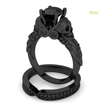 14K Black Gold Over 3CT Round Lab Created Diamond Wedding Ring Set Gothic Skull