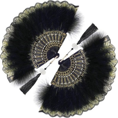2 Pieces Feather Hand Fan Embroidered Flower Marabou 1920s Black 
