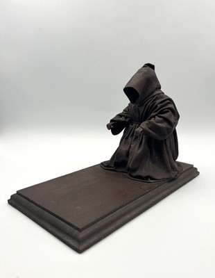 Vintage Primitive Fabric Mache Hooded Monk Figurine on Wooden Base Faceless