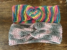 2 Knitted Women Headbands Front Knot Neon Rainbow  Pink Gray Handmade