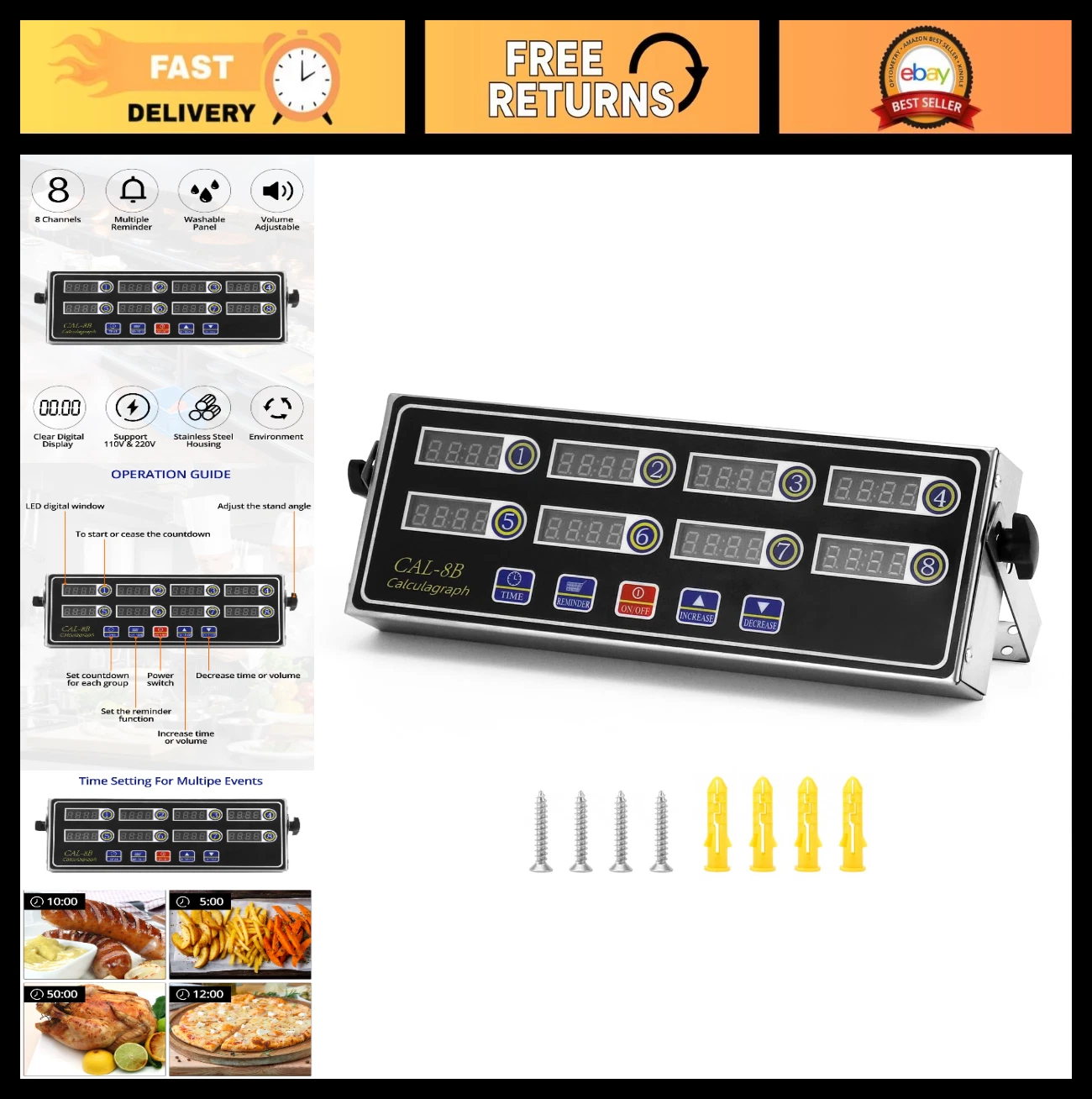 8-Channel Digital Kitchen Timer - Waterproof, Adjustable Volume Multi-Timer