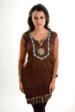 Brown crepe Crushed Kurti Tunic with Golden Neckline India - Large