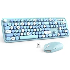 Wireless Keyboard and Mouse Combo, Blue Colorful Round Key Typewriter Keyboar...