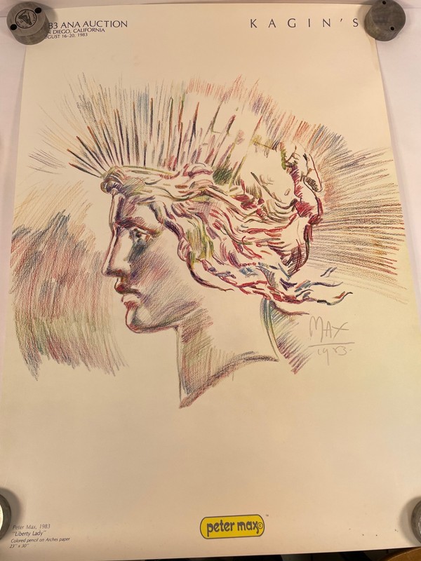 Vtg Signed Peter Max "Liberty Lady" Kagin's Ana Auction Poster