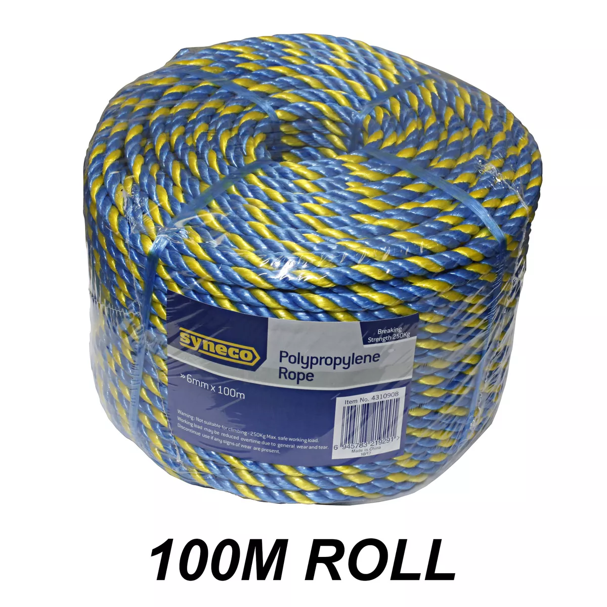 Bulk 100 Metres x 6mm Twisted Polypropylene Rope Blue & Yellow