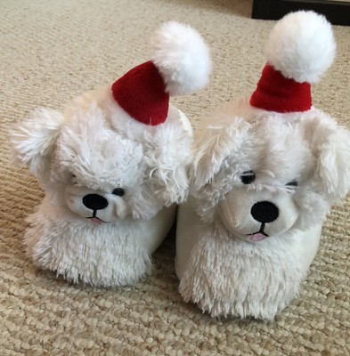 Novelty Plush White Doggy Slippers With Red Christmas Hat M(7/8)