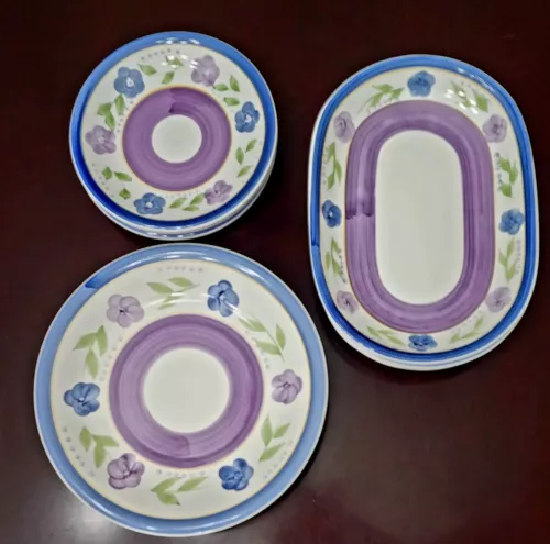 Gibson Bella Serving Plates Dinnerware Blue Purple Flowers Vintage (9 Piece Set)