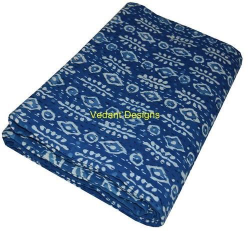 Indigo Blue Abstract Print Twin Kantha Quilt Geometric Cotton Ralli Throw Decor - Picture 3 of 5