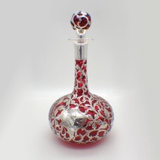 Cranberry Red Glass Decanter Bottle Silver Overlay Mono L