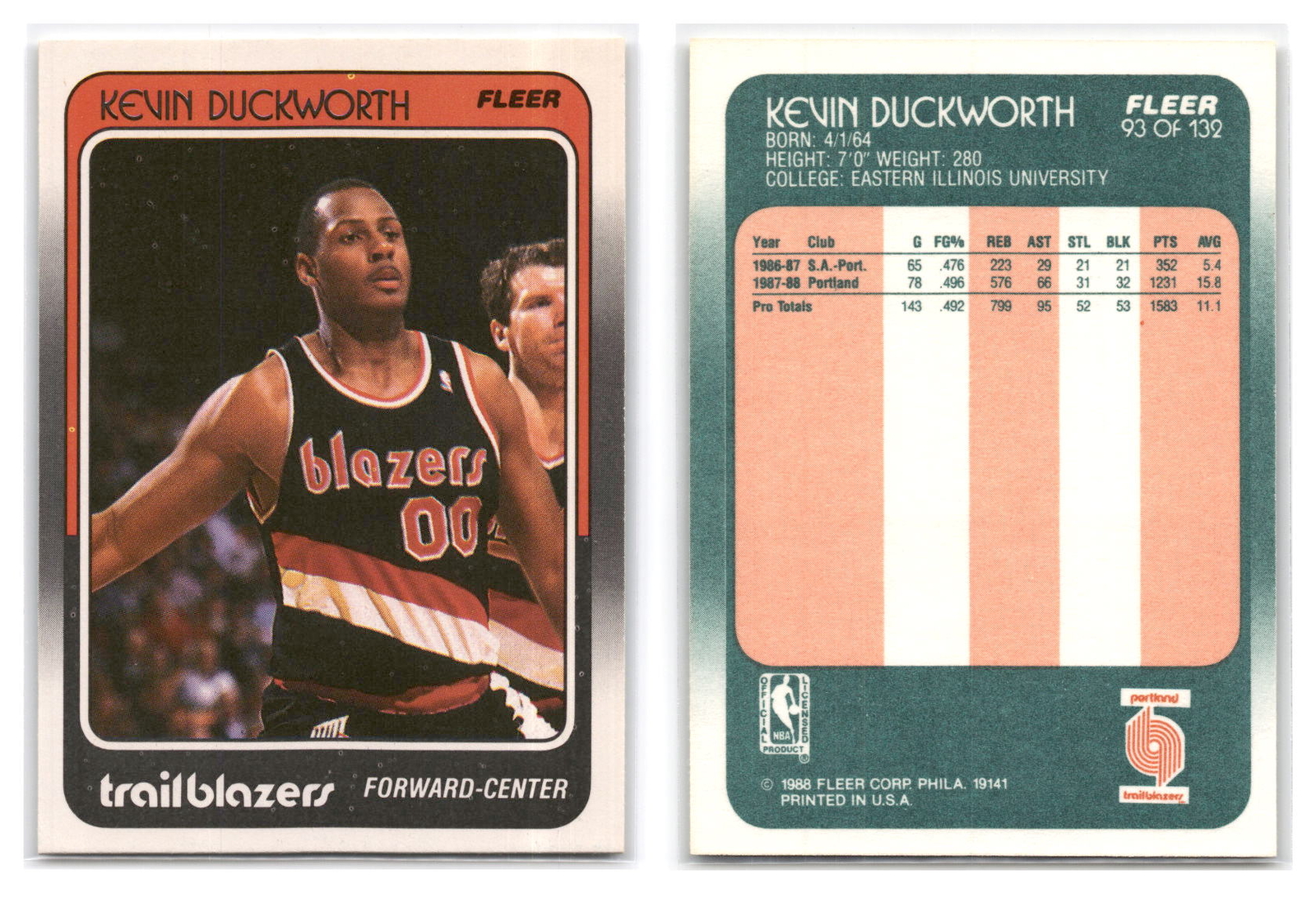 1988-89 Fleer #93 Kevin Duckworth - Portland Trail Blazers RC