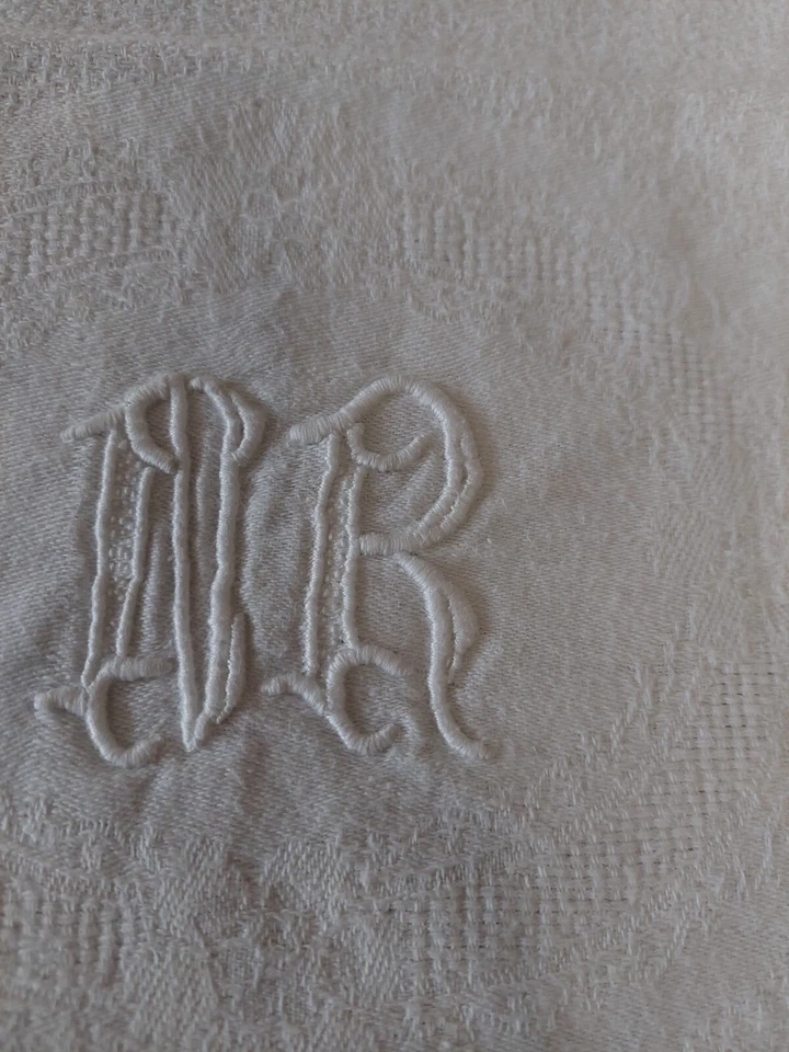 Serviette de table ancienne coton damassé brodé monogramme NR - Photo 3/4