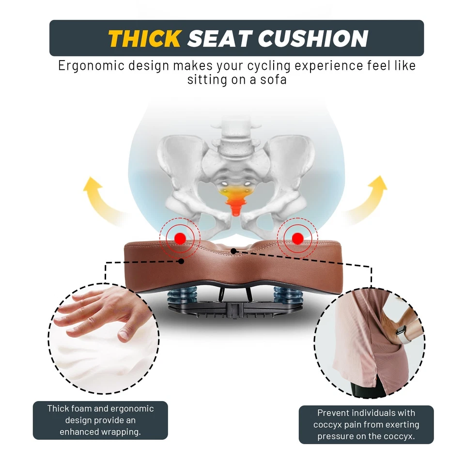 Cojín de asiento de bicicleta marrón sin nariz para hombre y mujer cómodo - asiento de bicicleta ancho Foto 3 de 4