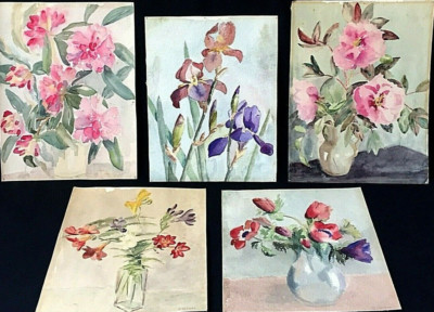British School Watercolor Floral  Studies 5 Paintings Signed J. Salmon. Antique
