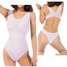 Womens Sheer Mesh Lingerie High Cut Sleeveless Bodysuit Leotard Underwear Romper